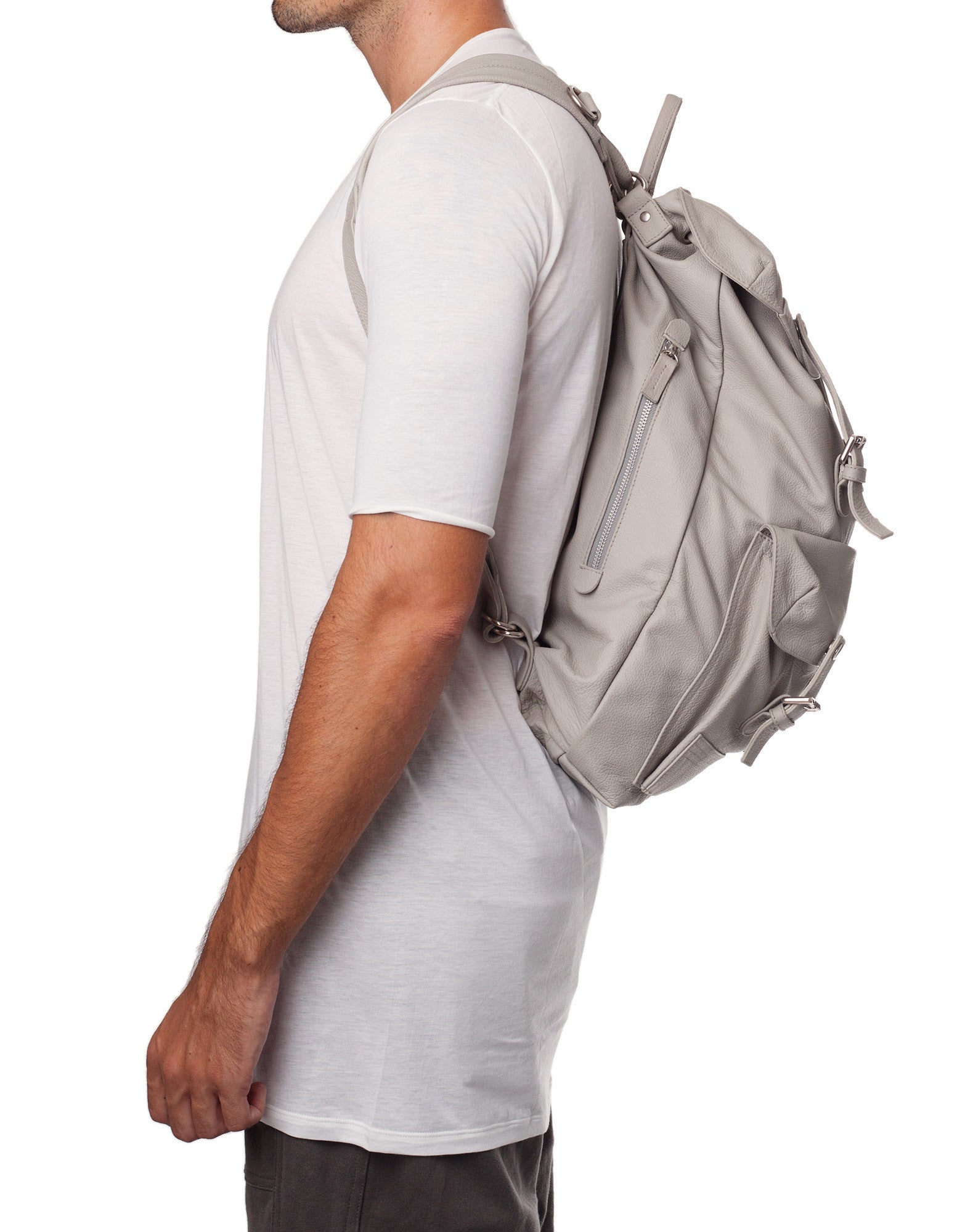 light grey leather backpack