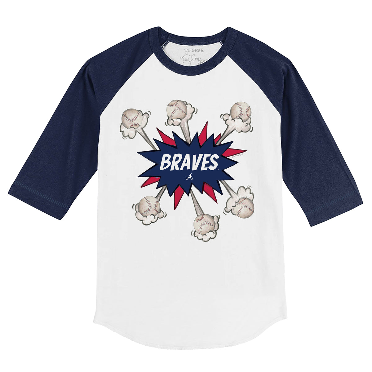 TinyTurnip Atlanta Braves Blooming Baseballs 3/4 Navy Blue Sleeve Raglan Youth Medium (8-10)
