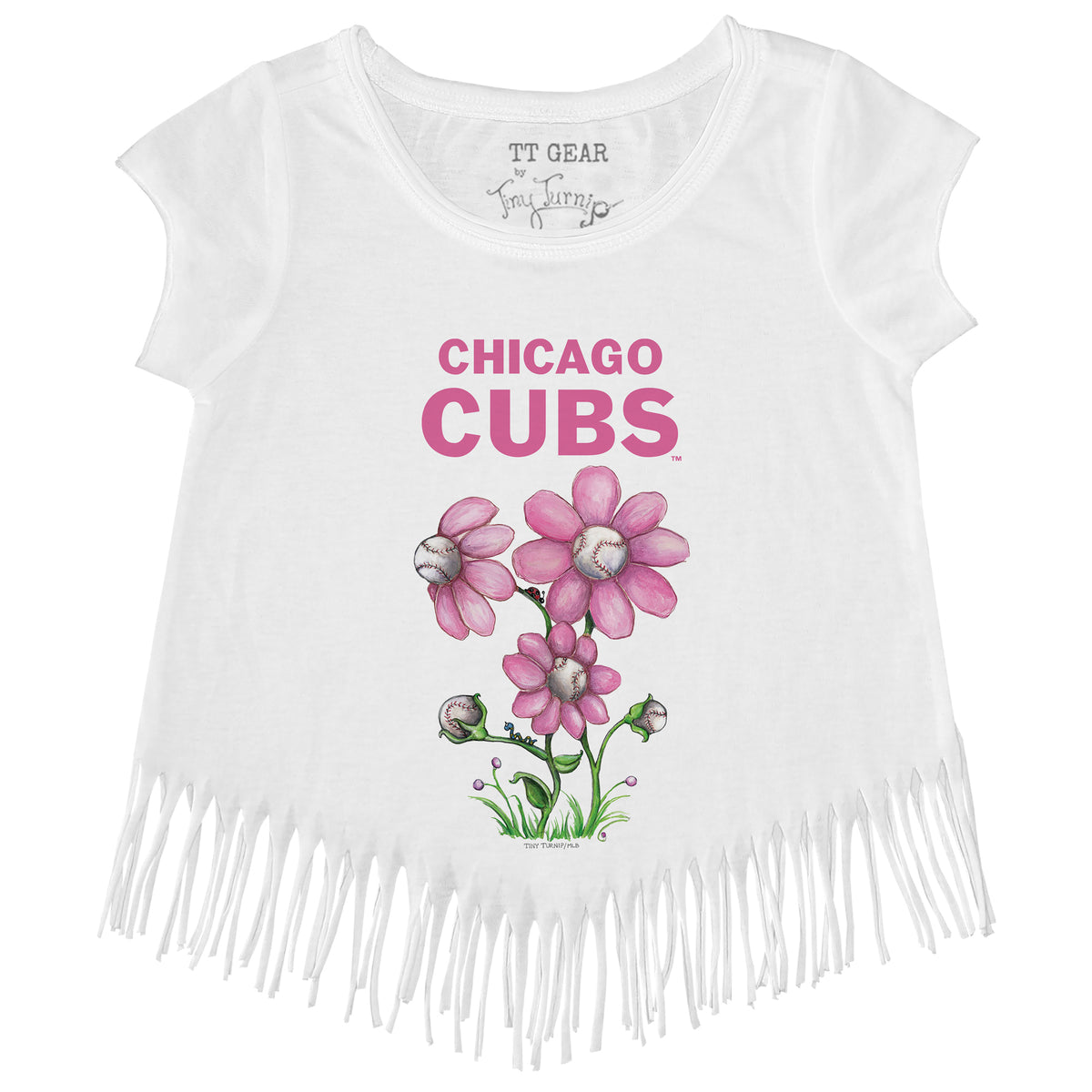 Girls Toddler Tiny Turnip White Chicago Cubs Baseball Bow Fringe T-Shirt Size: 4T