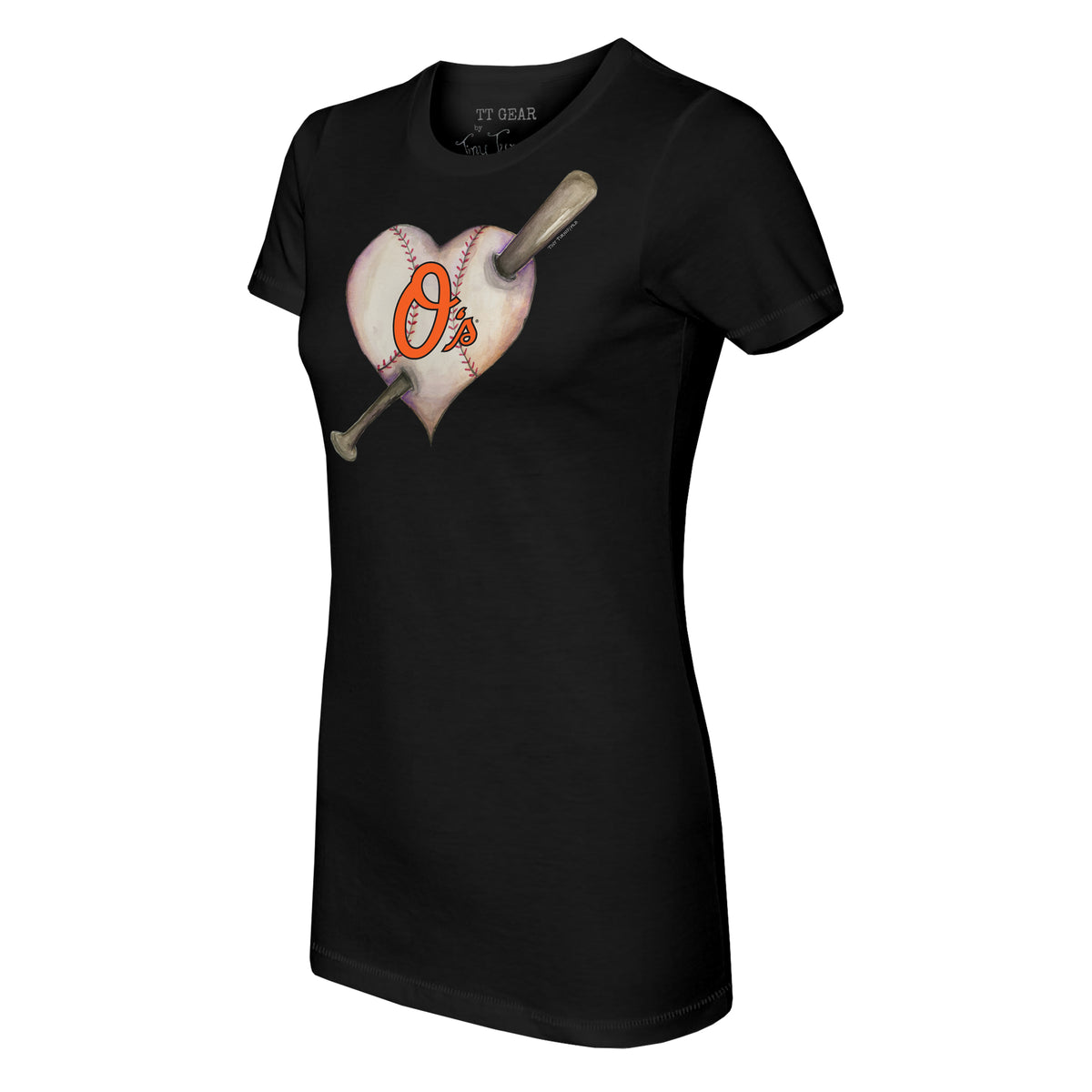 Women's Tiny Turnip White Baltimore Orioles Heart Bat T-Shirt