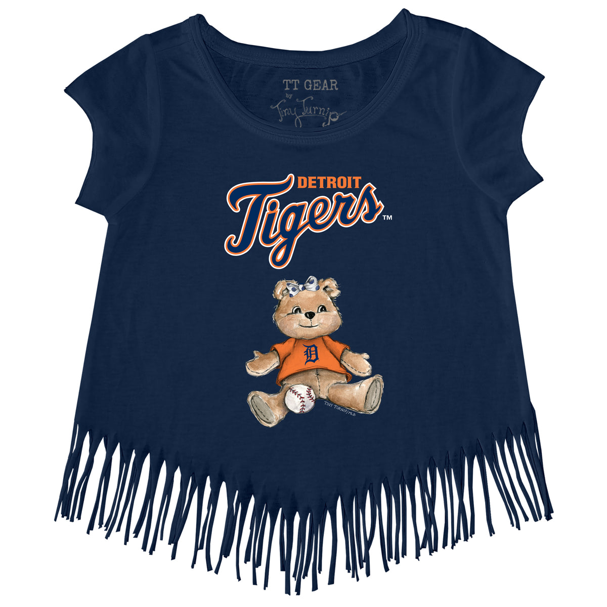 Girls Toddler Tiny Turnip White Detroit Tigers Baseball Bow Fringe T-Shirt Size: 4T