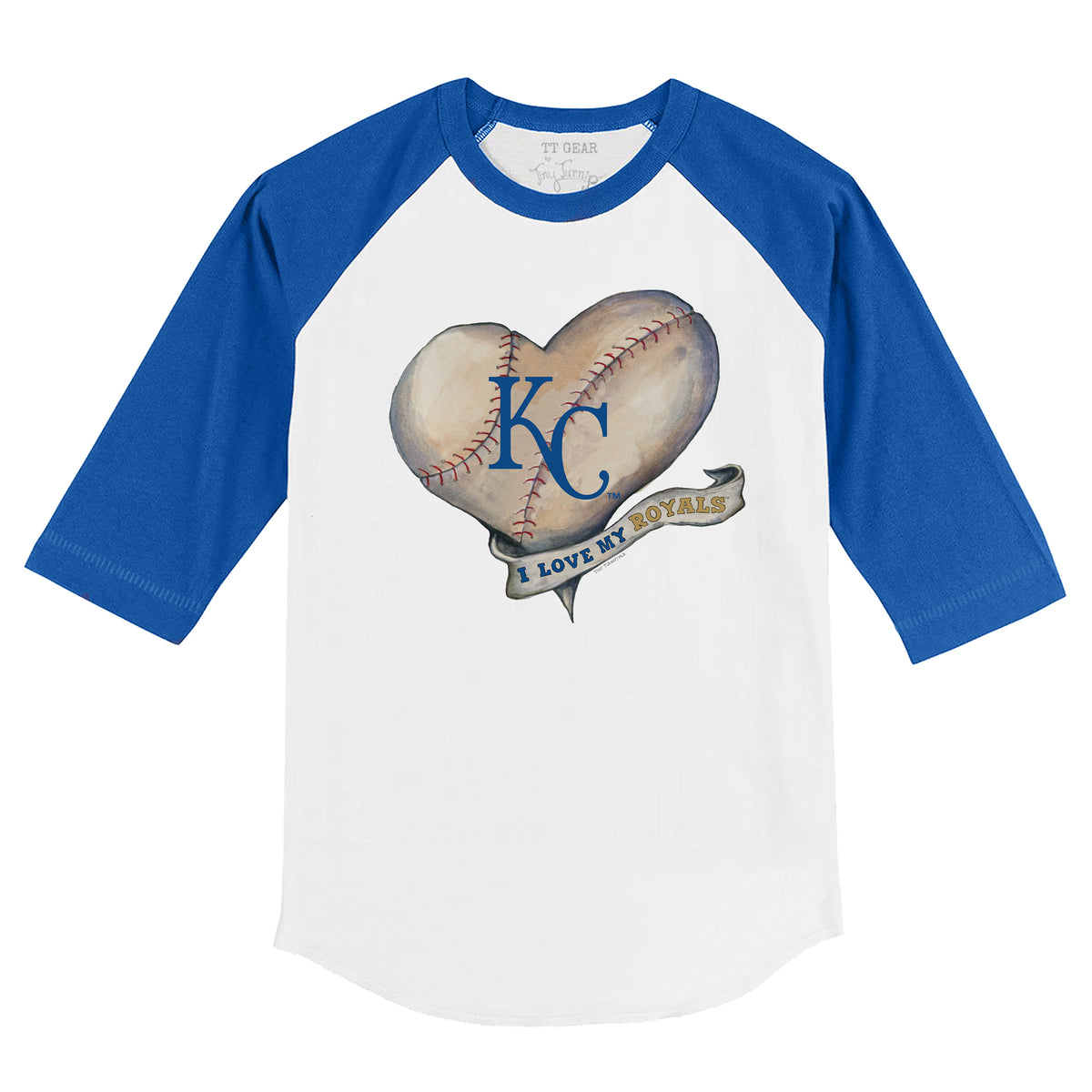 Youth Tiny Turnip White/Royal Kansas City Royals Baseball Love 3/4-Sleeve Raglan T-Shirt Size: Large