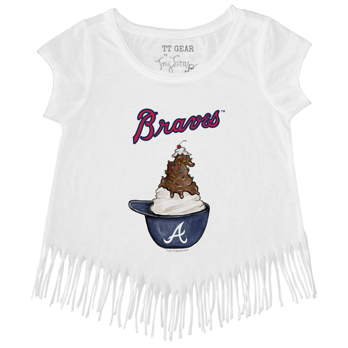 Girls Toddler Tiny Turnip Navy Atlanta Braves Baseball Bow Fringe T-Shirt Size:3T