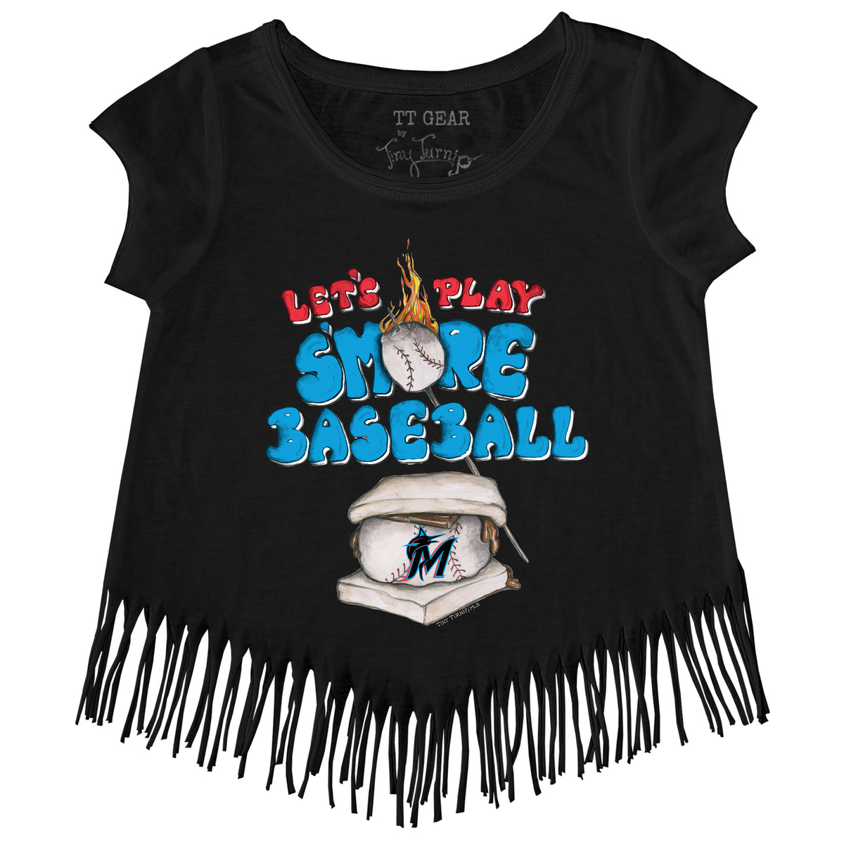 Miami Marlins Tiny Turnip Girls Toddler Heart Banner Fringe T-Shirt - White