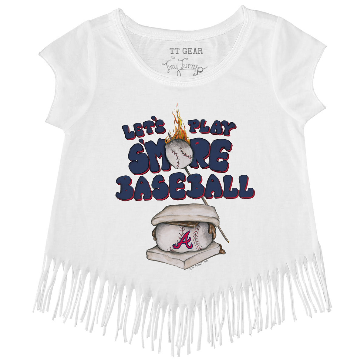 Girls Youth Tiny Turnip White Atlanta Braves Baseball Bow Fringe T-Shirt Size: Medium