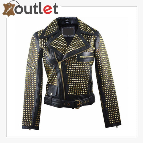 Handmade Brando Style Punk Silver Spiked Woman Studded Cowhide Leather  Jacket