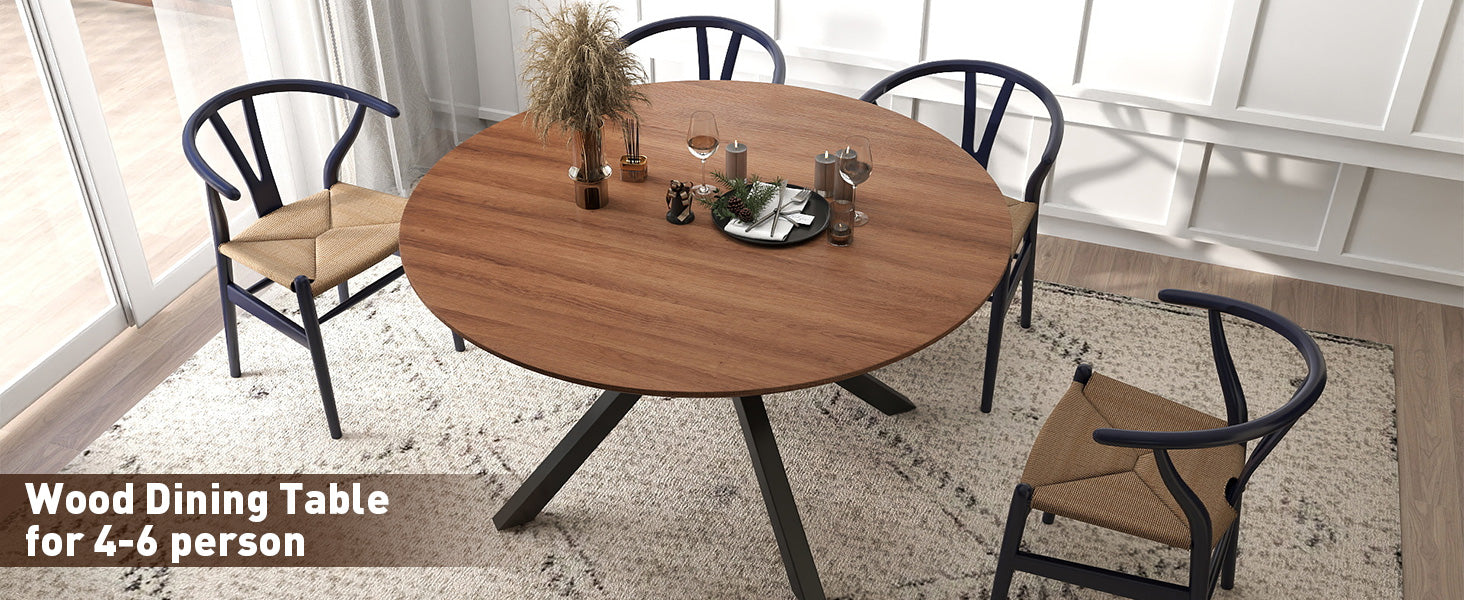 LUCKYERMORE 53" Round Mid-Century Modern Wooden Dining Table for 4-6 Kitchen Table with Solid Metal Leg