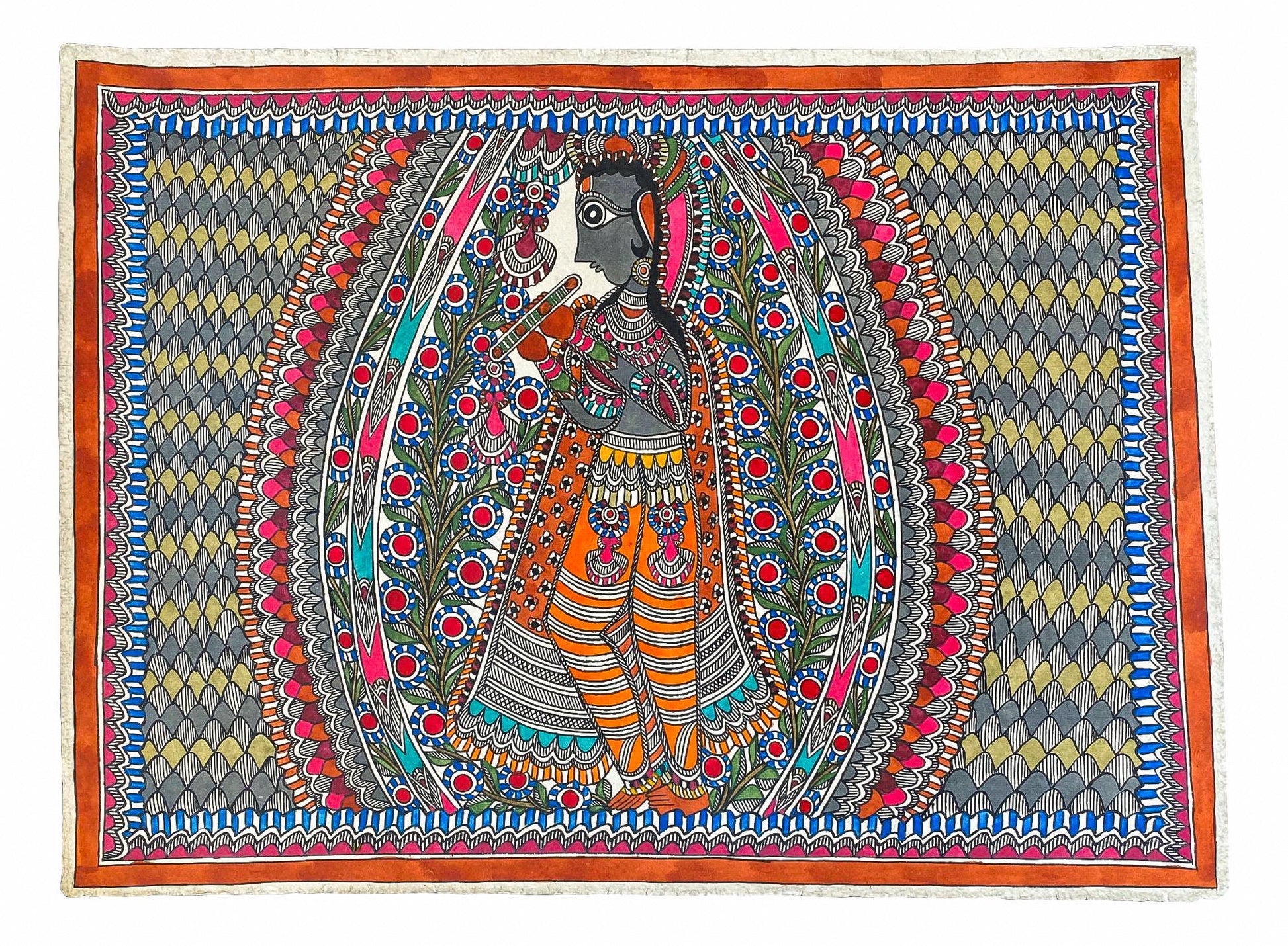 Krishna with Flute on Patterned Background – Bronze Bull Art