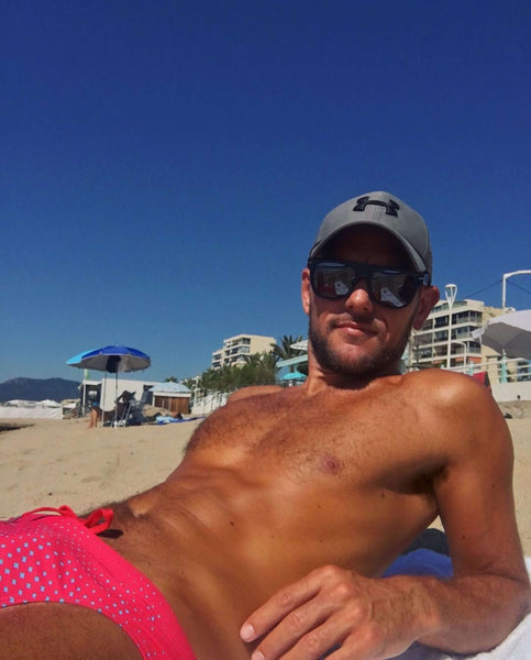 Mens swimwear beach selfies