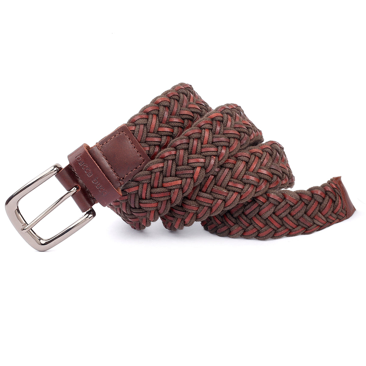 Braided elastic cognac belt in bonded leather