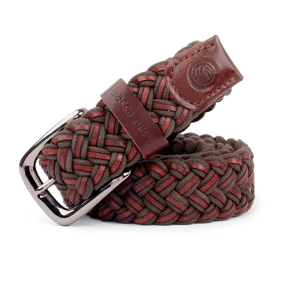 Braided elastic cognac belt in bonded leather