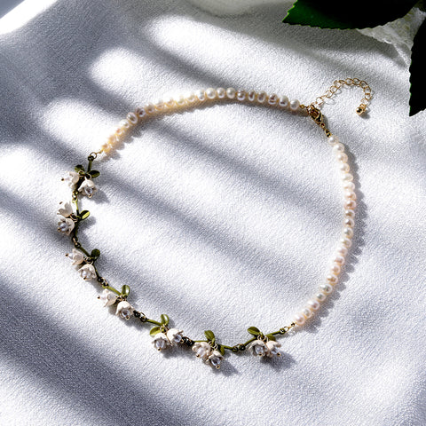 White Bell Flower Natural Pearl Drop Necklace real flower jewelry