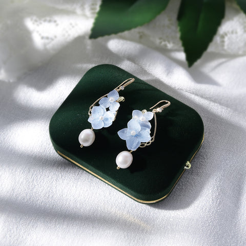 Blue Hydrangea Mother of Pearl Drop Earrings