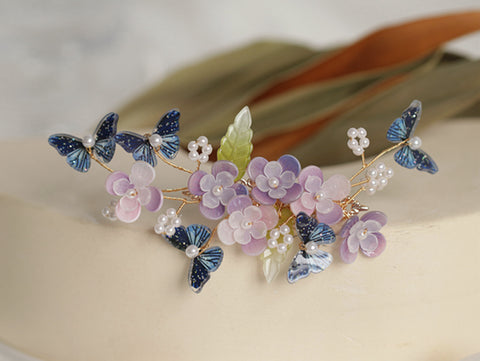 Dianella Purple Flower Blue Butterfly Hairpin real flower jewelry