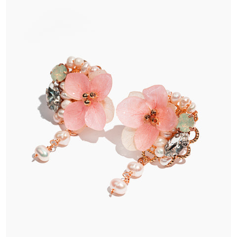 pink hydrangea flower gemstone crystal earrings-real flower jewelry