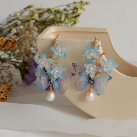 Blue Lilac Butterfly Pearl Earrings real flower jewelry