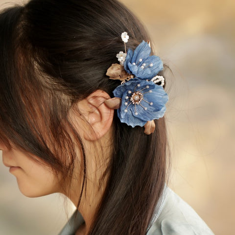 Blue Orchid Rose Pearl Stamen Hair Clip real flower jewelry