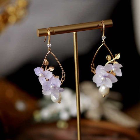 purple hydrangea gold earrings