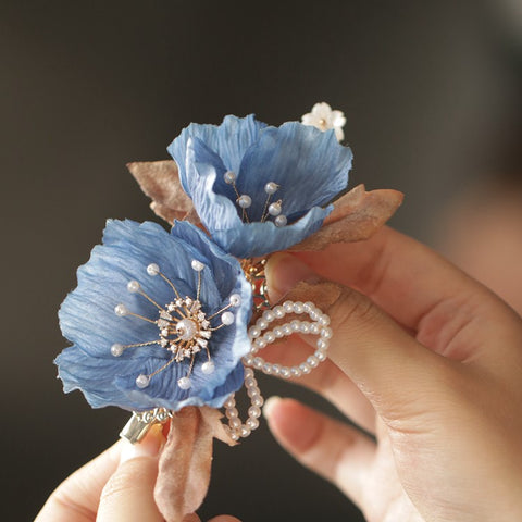 Blue Orchid Rose Pearl Stamen Hair Clip real flower jewelry