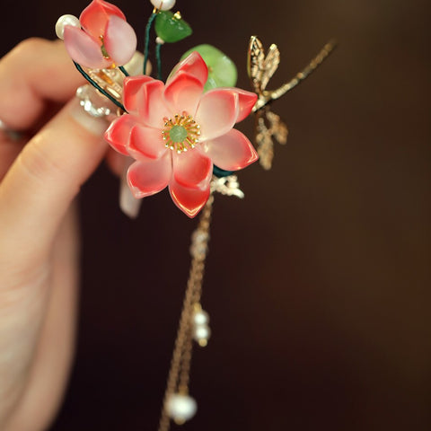 Lotus Pond Dragonfly Hair Clip real flower jewelry