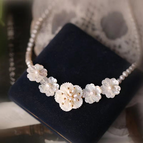 Freshwater Pearl & White Topaz Flower Necklace