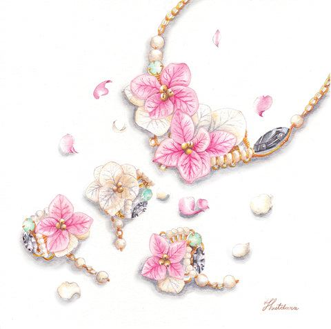 Pink Hydrangea Gemstone Earrings/Necklace real flower jewelry