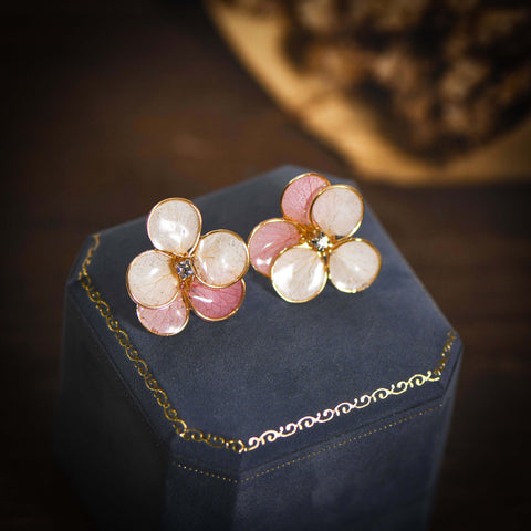 pink cherry blossom with golden frame stud earrings