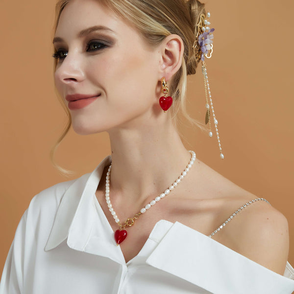 carnelian red heard crystal gold hoop earrings