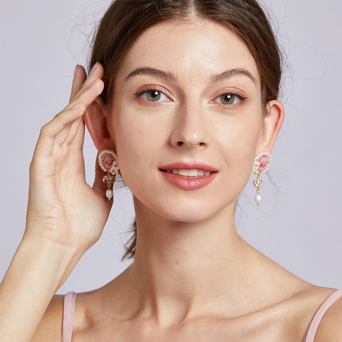 Italian Pink Porcelain Gemstone Crystal Earrings real flower jewelry
