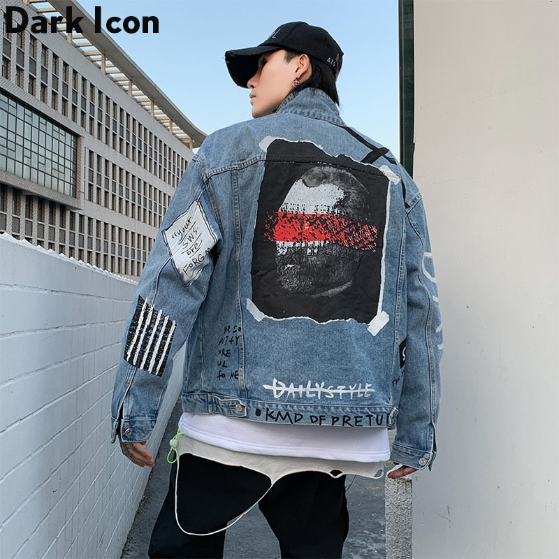 Graffiti Blue Jeans Jacket Men 2019 Autumn Hip Hop Jackets New Fashion Revolutionary Official