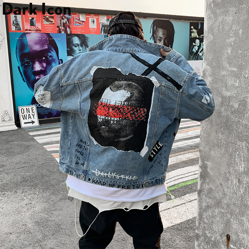 Graffiti Blue Jeans Jacket Men 2019 Autumn Hip Hop Jackets New Fashion Revolutionary Official