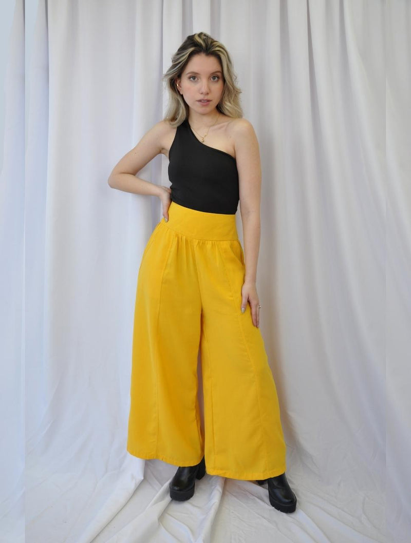 Pantalón para Mujer Amarillo Tipo Palazzo Tiro Alto Con Cremallera - M – Zoé