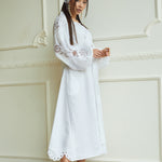 Side view white linen embroidered maxi dress