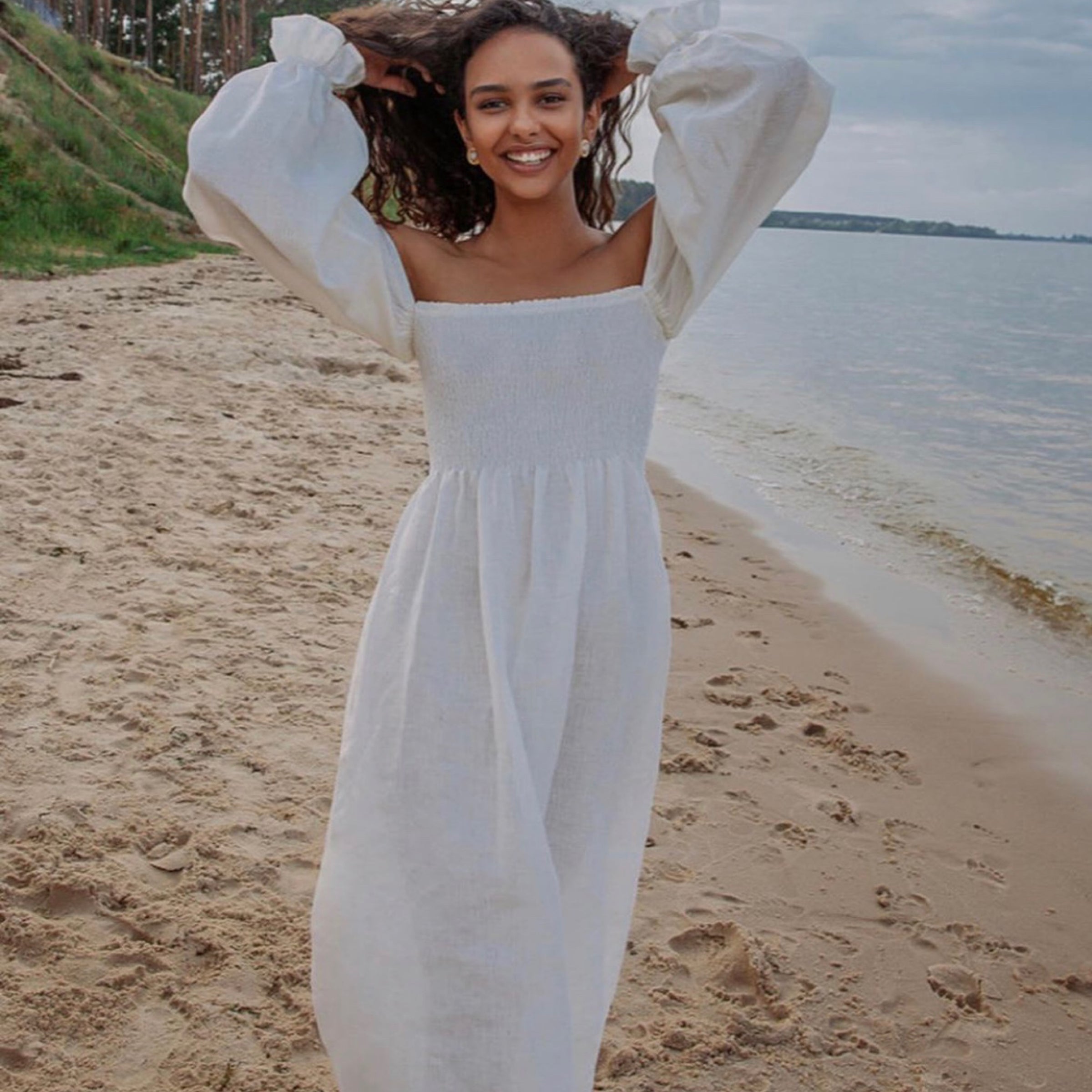 white linen off shoulder dress