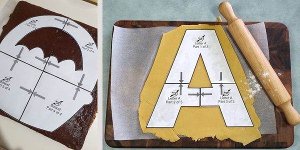 Image of baking template in shape of basket for mothers day sitting on cake ready to be cut around and lettter A baking template sitting on cookie dough ready to be cut out.