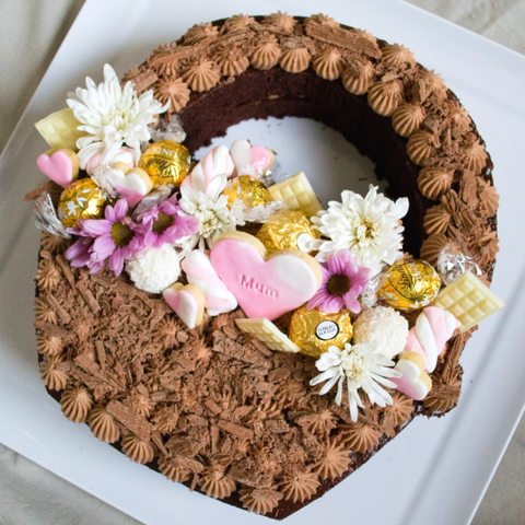 Mother's Day Cake Basket With Flowers and Chocolate Toppers and Chocolate Cheesecake Frosting