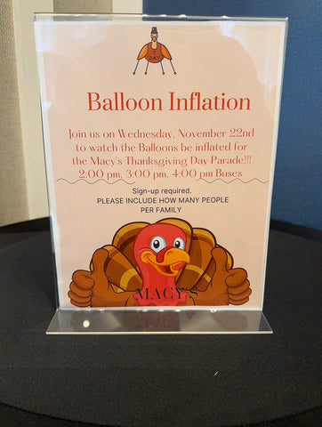 The sign for the balloon inflation in the RMH-NY lobby