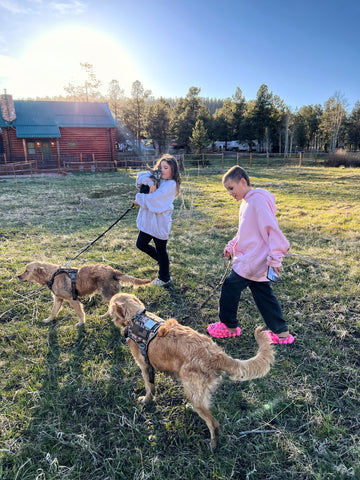Piper and Peyton with Puppies walking outside in Arizona
