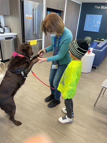 Therapy Dogs with a family at Elmhurst family Room