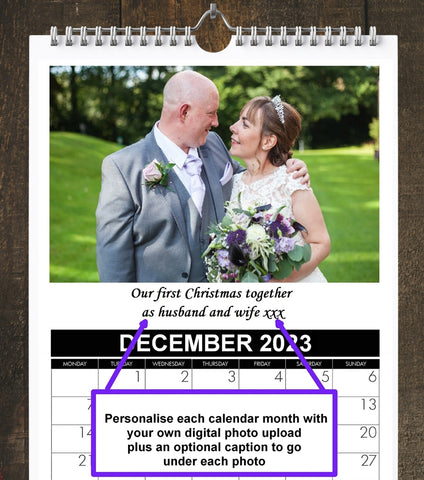 Personalised Photo Calendar 2025 with your uploaded digital photos, monthly captions and special dates such as birthdays, holidays and your 2023 special events