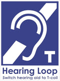 A blue logo on a white background shows an outline of an ear with a line diagonally through it from bottom left to top right with a letter T on the bottom right side. The Logo reads Hearing Loop.  Switch hearing aid to T-coil. 