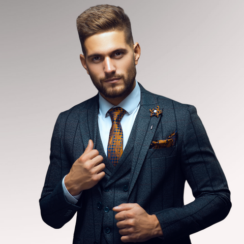 Man in a suit with brown hair demonstrating a mid fade quiff with a beard for men's professional haircuts