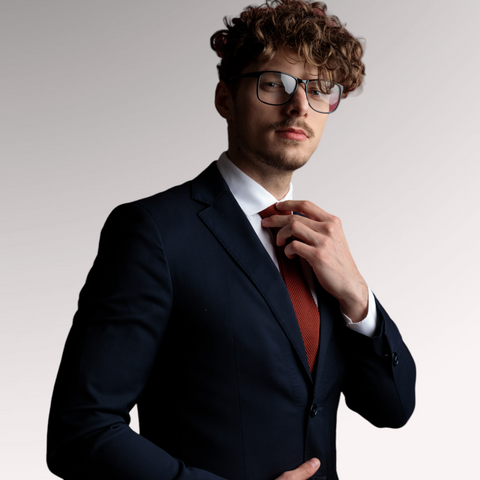 Man in a suit with red tie and curly hair demonstrating a curly fringe professional haircut for men