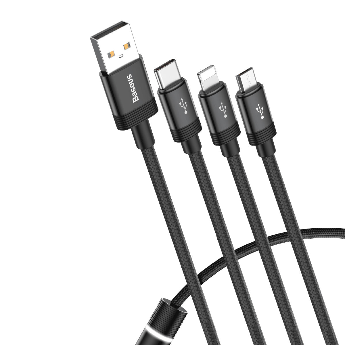  70-4CAMLT-PY01 (Micro +Type C+ iPhone) 3-in-1 Cable, 1.2Meter, 3.5A, Nylon Braided, Black 