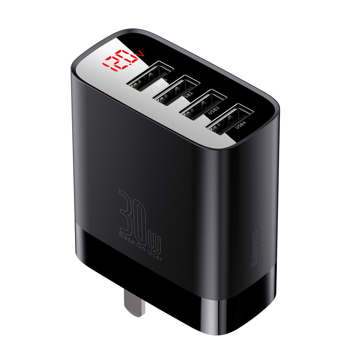  70-4CCJMHB-A01 Digital Display 4 USB Travel Charger 30W, Black 