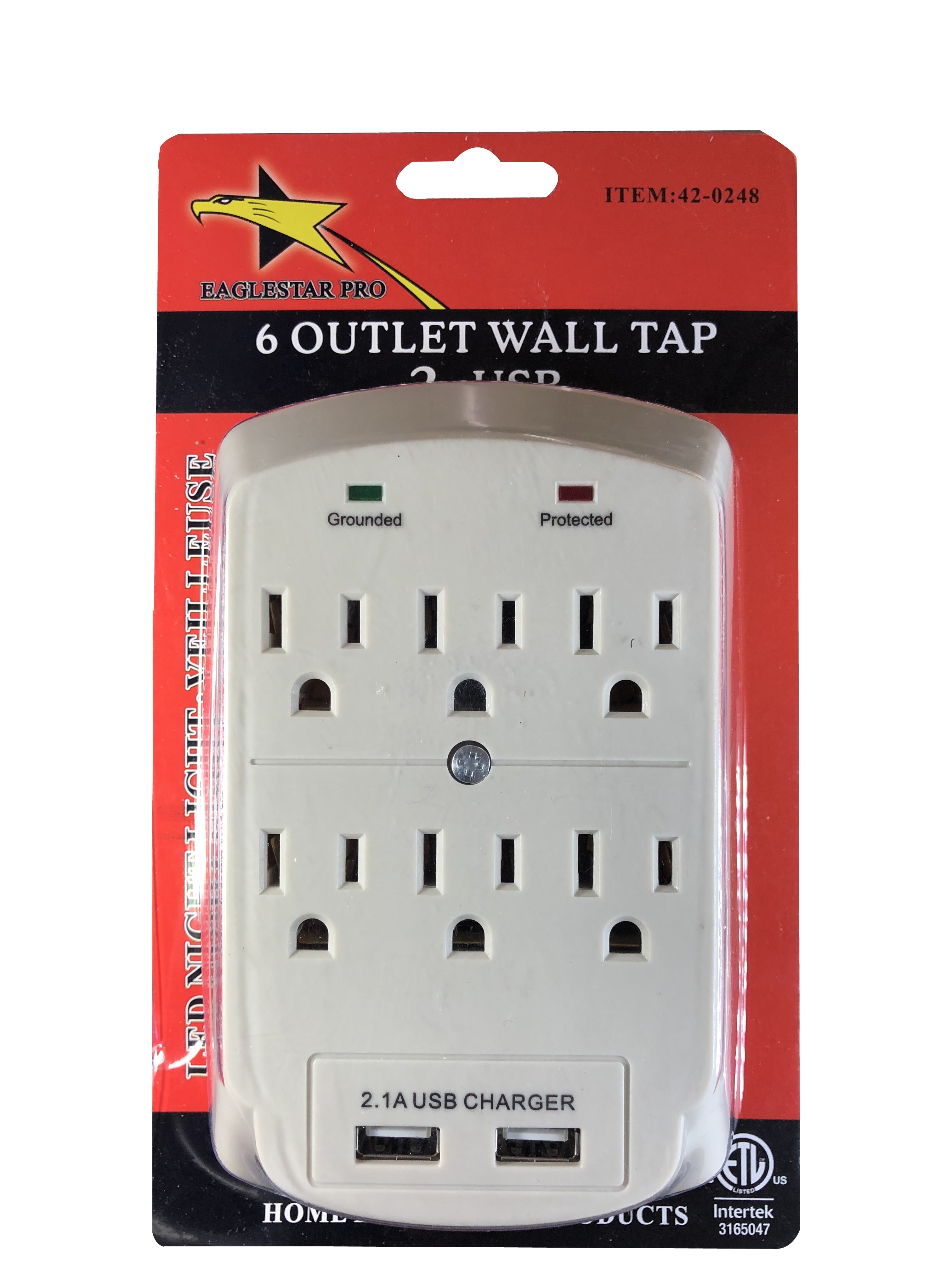  42-0248 6 Outlet Grounded Wall Tap Adapter, with 2 USB Charging Ports, ETL Certified 