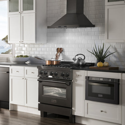 Image of ZLINE Professional 30" 4.0 cu. ft. Gas Range with 4 Gas Burners and Electric Convection Oven in Black Stainless Steel (RAB-30) - Shop For Kitchens
