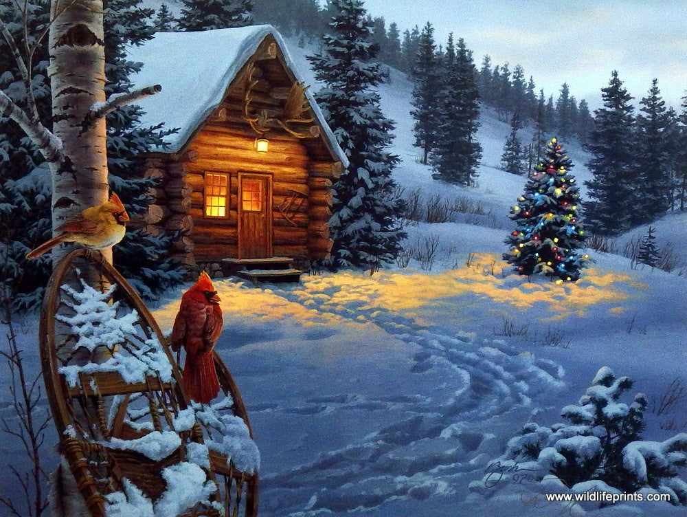 Artist Darrell Bush Unframed Cabin and Cardinal Print Winter Colors