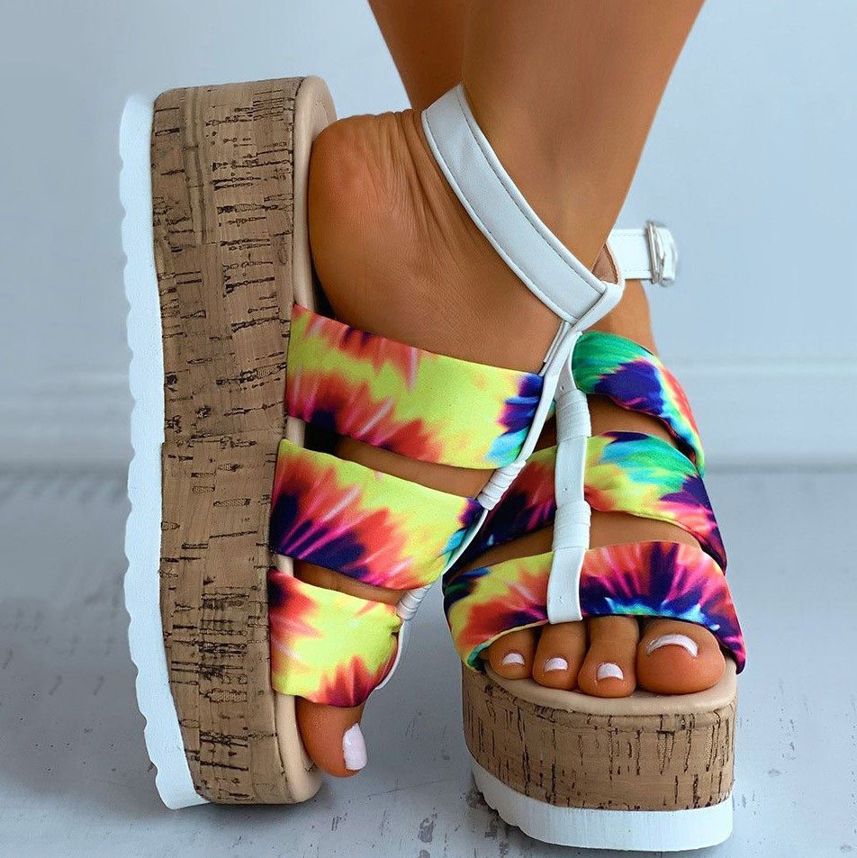 Colorblock Ankle Chic Strap Cork Flatform Sandals