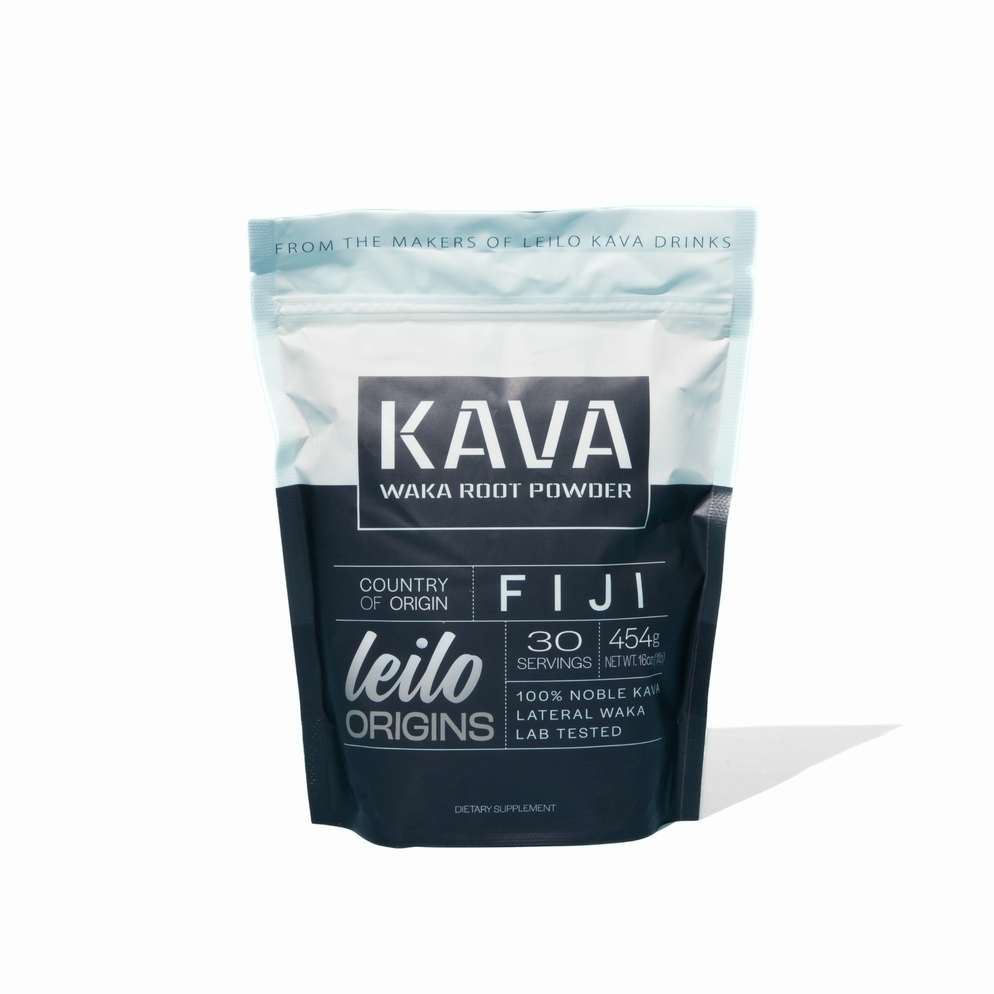 Packaged Kava root powder bag labeled Waka from Fiji with nutritional details.